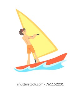 Cartoon character of smiling young man windsurfing