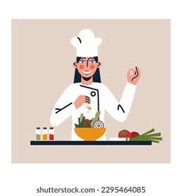 Cartoon character of smiling young woman in apron working as chef. Restaurant kitchen worker. Concept of culinary hobby. Time for preparing dinner. Vector