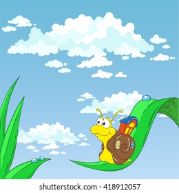 Cartoon character snail on the background of sky.