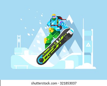Cartoon character snowboarder. Sport athlete, snowboarding design, move and jump, flat vector illustration