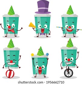 Cartoon character of soda bottle with various circus shows