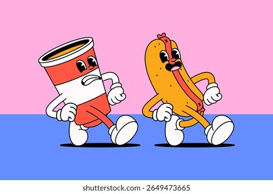 Cartoon character soda cup and hot dog walking with expressive faces and playful poses in hand drawn illustration for ood-related content, fast food branding