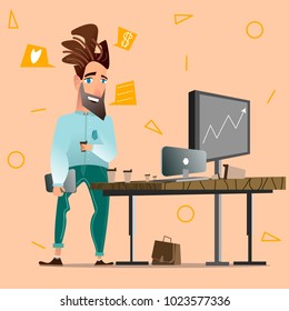 Cartoon Character in some situations in office work, With a computer, a tablet, and coffee, as well as a growth chart, a bag and a table