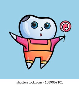 Cartoon character sore tooth with decay, standing with candy in his hand. Vector cute illustration, icon or logo for dental clinic