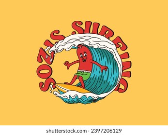 Cartoon Character Of A Sozis Surfing With A Vintage And Handwritten Style Goes On Holiday At The Beach