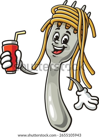 Cartoon character of spaghetti on a fork holding a soft drink