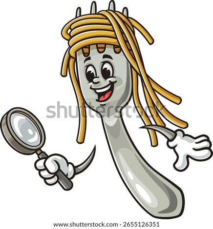 Cartoon character of spaghetti on a fork holding a magnifying glass