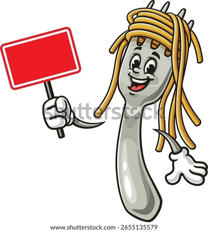 Cartoon character of spaghetti on a fork holding a blank sign
