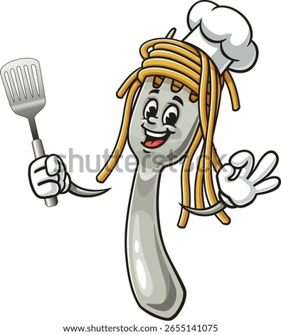 Cartoon character of spaghetti on a fork holding a spatula and wearing a chef's hat