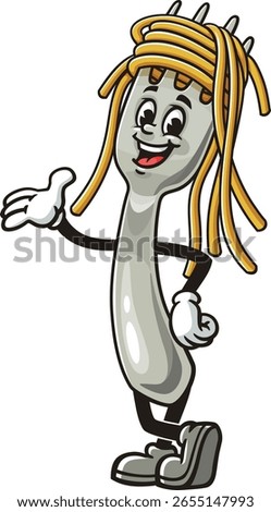 Cartoon character of spaghetti on a fork in a relaxed pose
