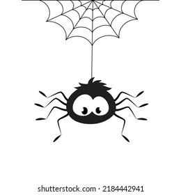 Cartoon character spider hanging on spider web clipart. Black lines. Insect trap. Halloween icons. Vector illustration on a white background.