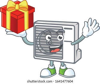 cartoon character of split air conditioner with a box of gift