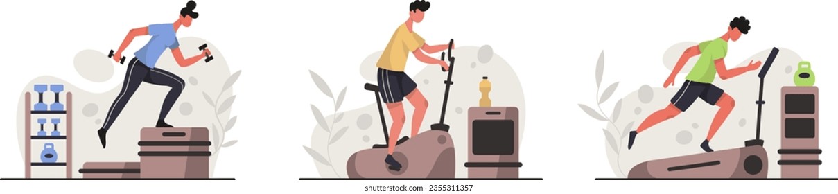 Cartoon character in sporty clothes training on exercise bike. Woman with dumbbells doing exercise. Regular physical activity. Concept of healthy lifestyle. Flat vector illustration