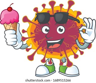 cartoon character of spreading coronavirus enjoying an ice cream