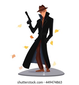 Cartoon character spy with gun vector illustration. Private detective