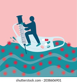 cartoon character stand on medical mask with medicine pills carrying syringe try to get through the coronavirus ocean. Surreal illustration.