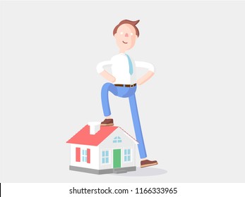 cartoon character stand on small cute house. Vector illustration