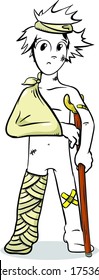 Cartoon character standing with bandages and a crutch