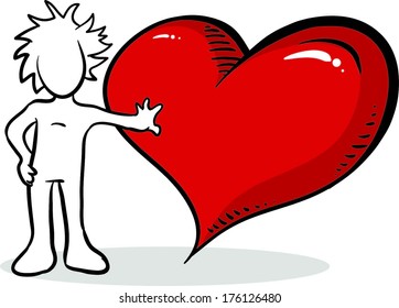Cartoon character standing next to a big, red heart