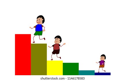 Cartoon character standing on the bar graph. Vector image
