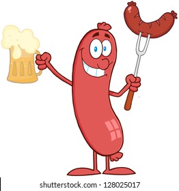 Cartoon Character Standing Sausage Holding Beer And Sausage On A Fork