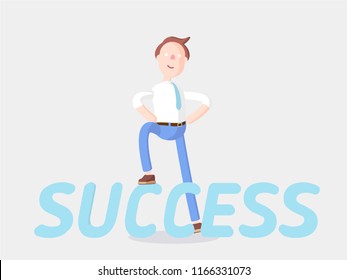 a cartoon character stands on a large inscription- success. Vector illustration