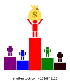 The cartoon character stands on a multi-colored bar chart. The winner is awarded a yellow purse, vector image.