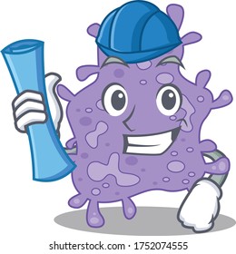 Cartoon character of staphylococcus aureus brainy Architect with blue prints and blue helmet