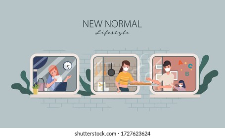 Cartoon character stay home and Social distancing concept new normal lifestyle. Work from home concept.