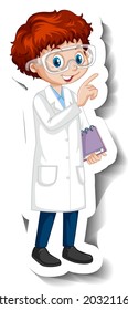 Cartoon character sticker with a boy in science gown illustration