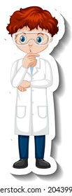 Caricatura pegatina con un niño en la ilustración de la ciencia