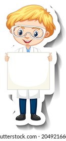 Cartoon character sticker with a boy in science gown holding empty banner illustration