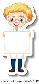 Cartoon-Zeichenaufkleber mit einem Jungen in der Wissenschaft, der leere Bannergrafik hält