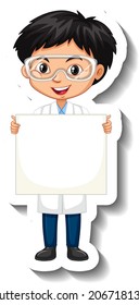 Cartoon character sticker with a boy in science gown holding empty banner illustration