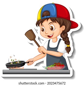 Cartoon character sticker with chef girl cooking illustration