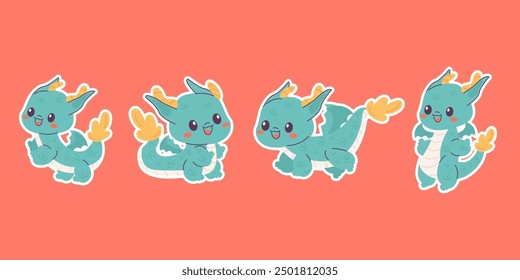 Cartoon character sticker dragon in flat style