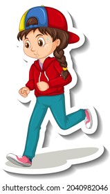 Cartoon character sticker with a girl jogging on white background illustration