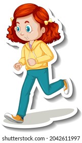 Cartoon character sticker with a girl jogging on white background illustration