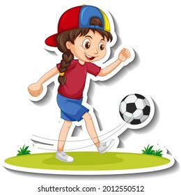 Cartoon character sticker with a girl playing football illustration