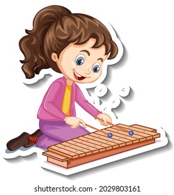 Cartoon character sticker with a girl playing xylophone illustration