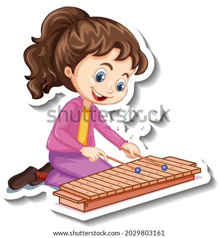 Cartoon character sticker with a girl playing xylophone illustration