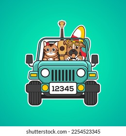 cartoon character sticker showing cute happy cat and dog characters driving a light blue Jeep and going on vacation with a snowboard and a guitar