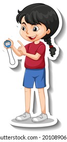 Cartoon character sticker with sport coach girl holding a timer illustration