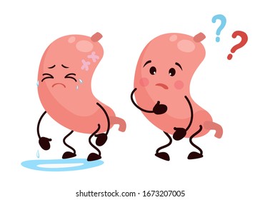 Cartoon character stomach. Cute man internal organ is sick and crying, caricature, animation. Vector illustration