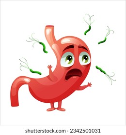 Cartoon character stomach with emotion fear. Concept sick internal organ abdominal cavity, helicobacter pylori. Vector illustration isolated white background.