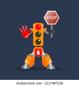 Cartoon character stoplight or traffic light robot holding a sign and shows the right way road safety, suitable for mascot, web design, icon, children's study books, or educational books for road safe