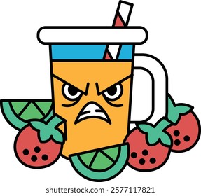 A cartoon character with a straw in a cup of orange juice is surrounded by straw
