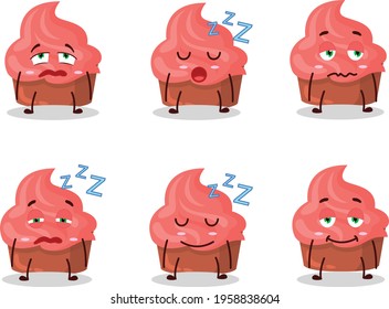 Cartoon character of strawberry cake with sleepy expression