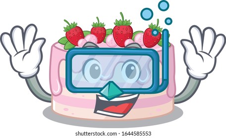 cartoon character of strawberry cake wearing Diving glasses