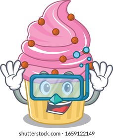 cartoon character of strawberry cupcake wearing Diving glasses